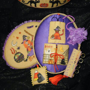 sewing box halloween orange and purple black cats cauldrons